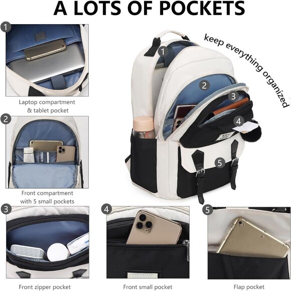 Girls Black Beige 15.6in Laptop Kids Backpack For Middle School College Students - Picture 2 of 7